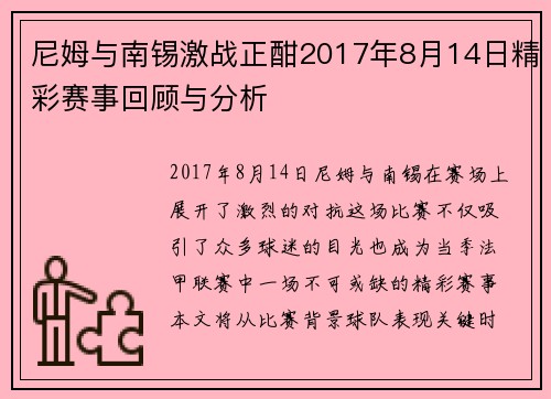 尼姆与南锡激战正酣2017年8月14日精彩赛事回顾与分析